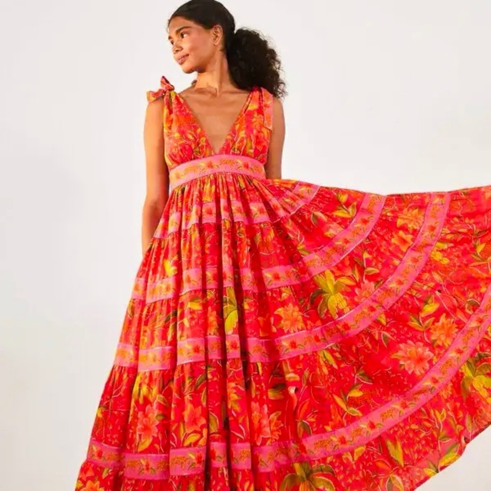 FARM Rio Red and Pink Floral Midi Dress